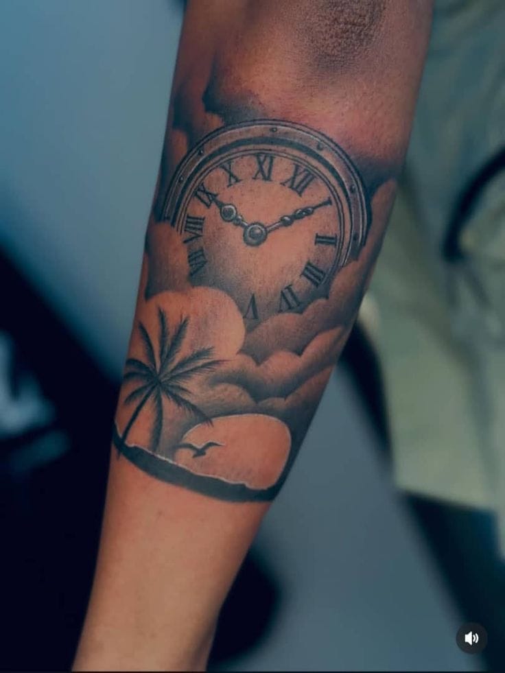 Roman numeral clock with palm tree and clouds tattoo