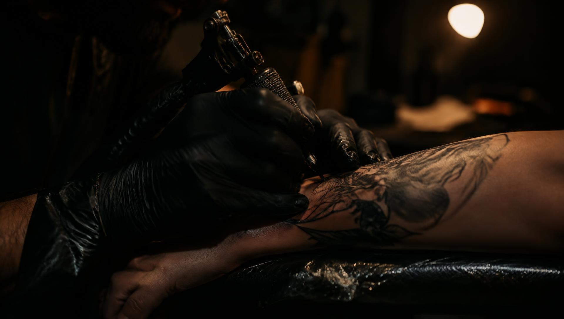 Tattoo artist at work in a dark studio